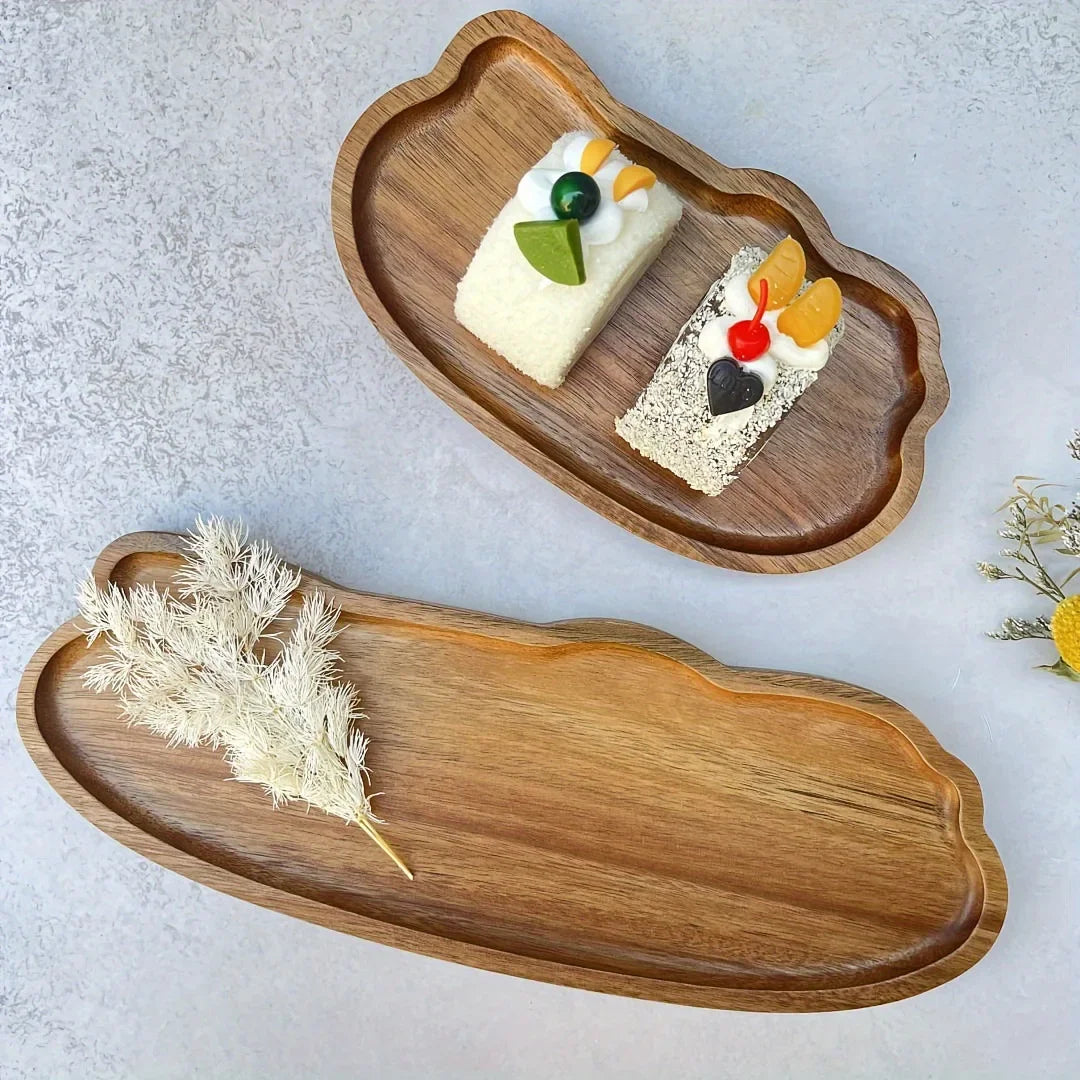 Japanese Solid Wood Tea & Dessert Tray — Heat Resistant, Cloud Shape