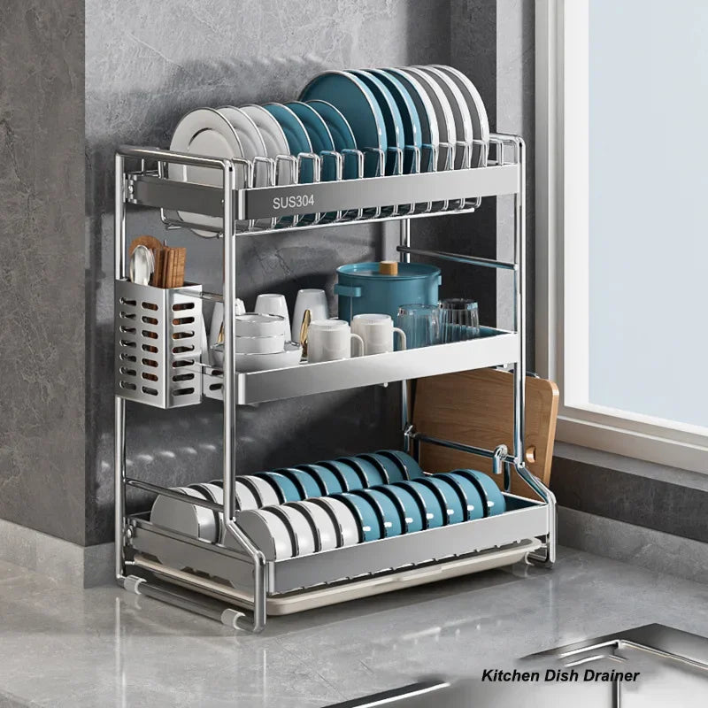 Kitchen Dish Rack & Drainboard Organizer — Countertop, White, Black or Steel