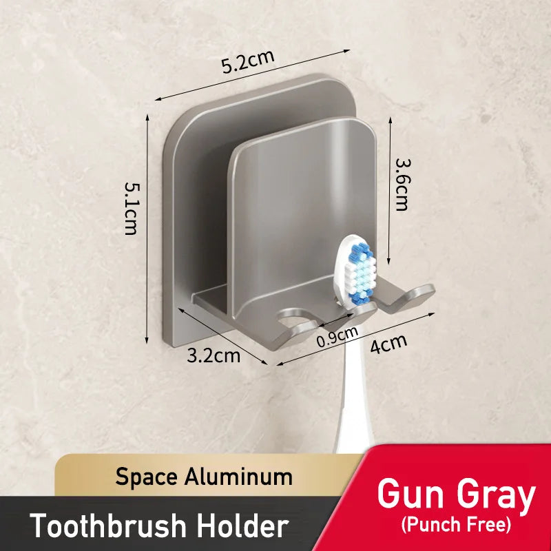 Space Aluminum Toothbrush & Cup Holder — No-Drill Wall Mount, Dual Slot