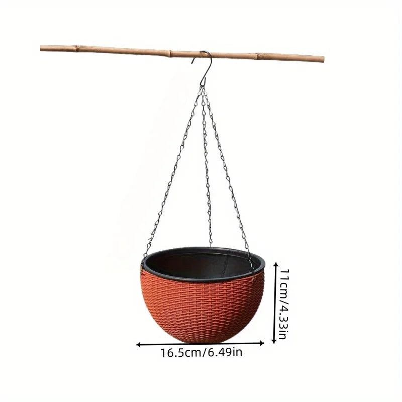 Elegant Polypropylene Self-Watering Hanging Planters with Rattan Design - Easy Drain Plug for Efficient Watering