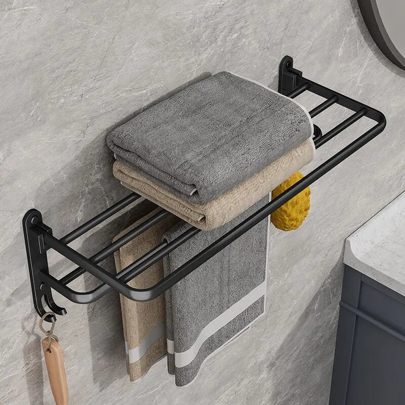 Matte Black Folding Towel Rack with Hook — Double Bar, Space Aluminum, 49×21cm