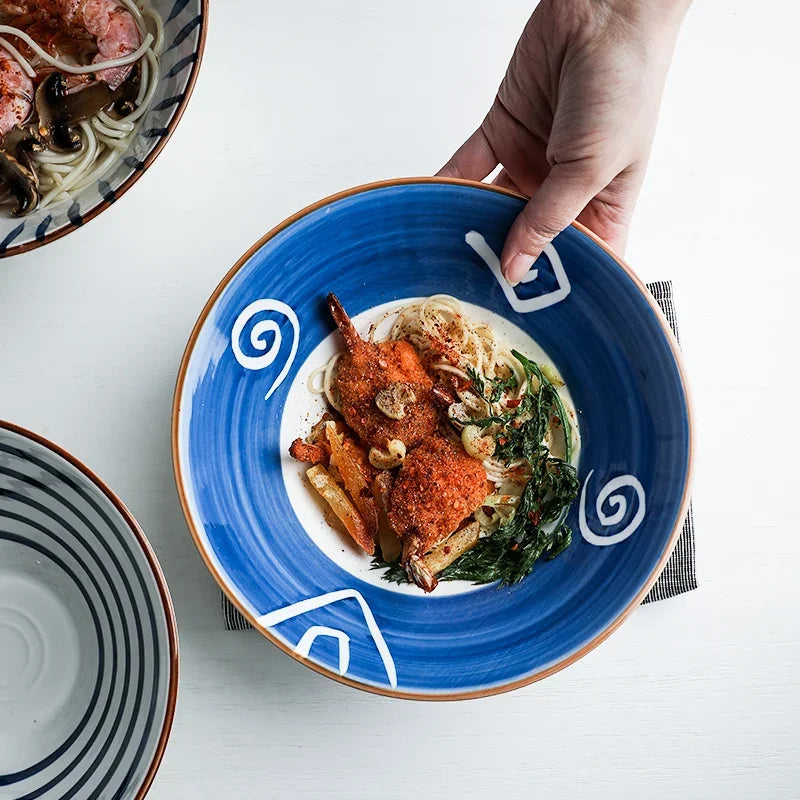 Japanese Ramen Bowl — Ceramic, Blue, Microwave Safe