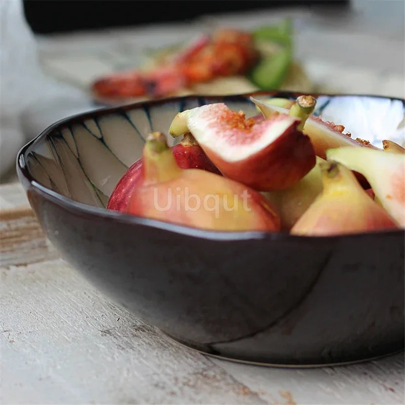 Large Underglaze Ceramic Noodle Bowl — Japanese Style, Floral Pattern
