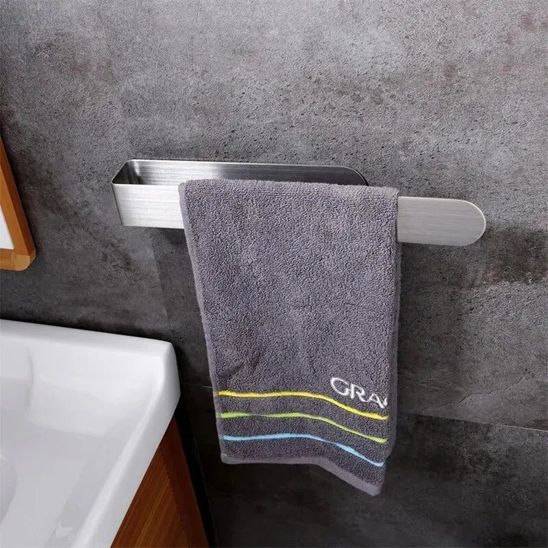 304 Stainless Steel No-Drill Towel Bar — Brushed, 23cm or 37cm, Black or Steel