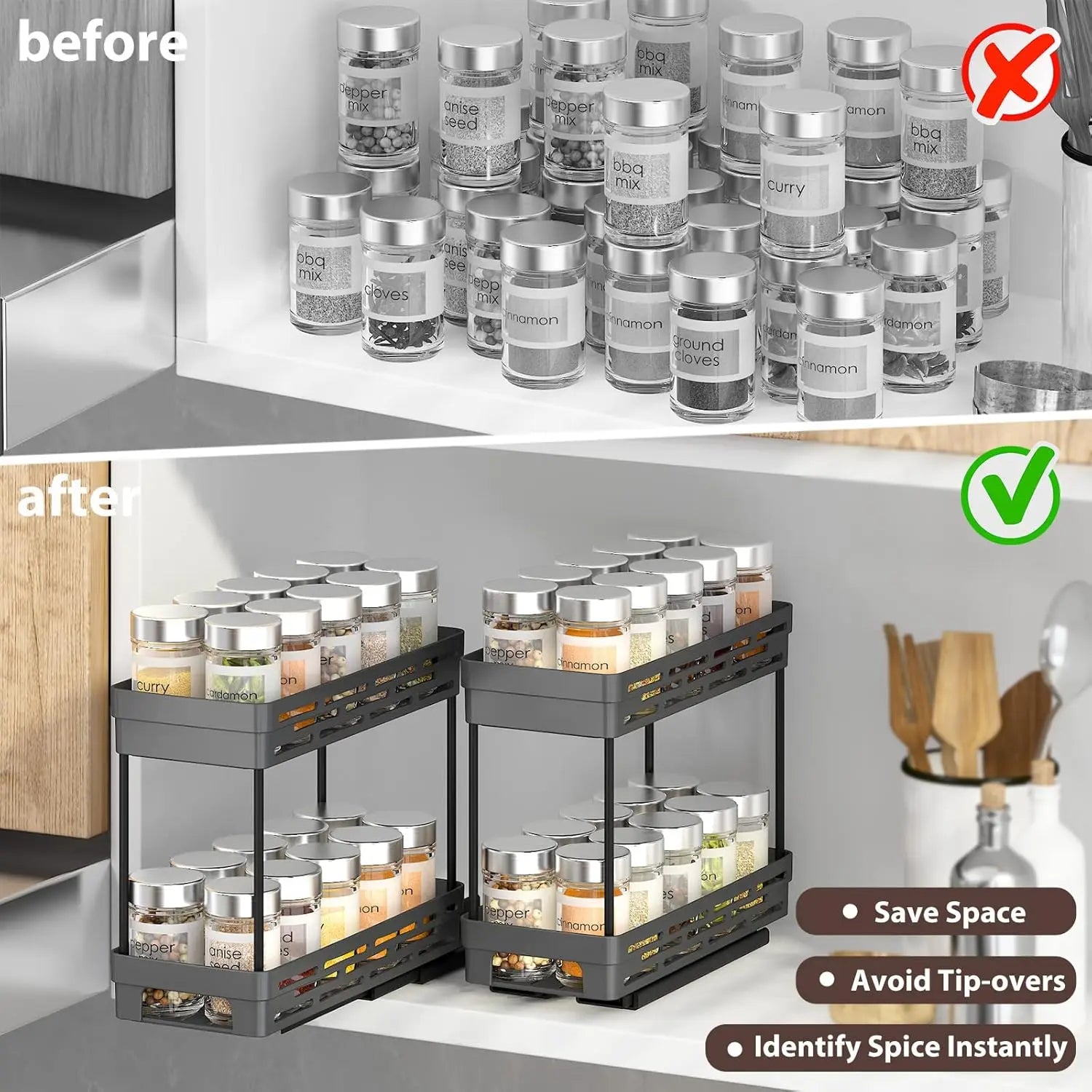Pull-Out 2-Layer Spice & Seasoning Rack — Large Capacity, Cabinet Shelf