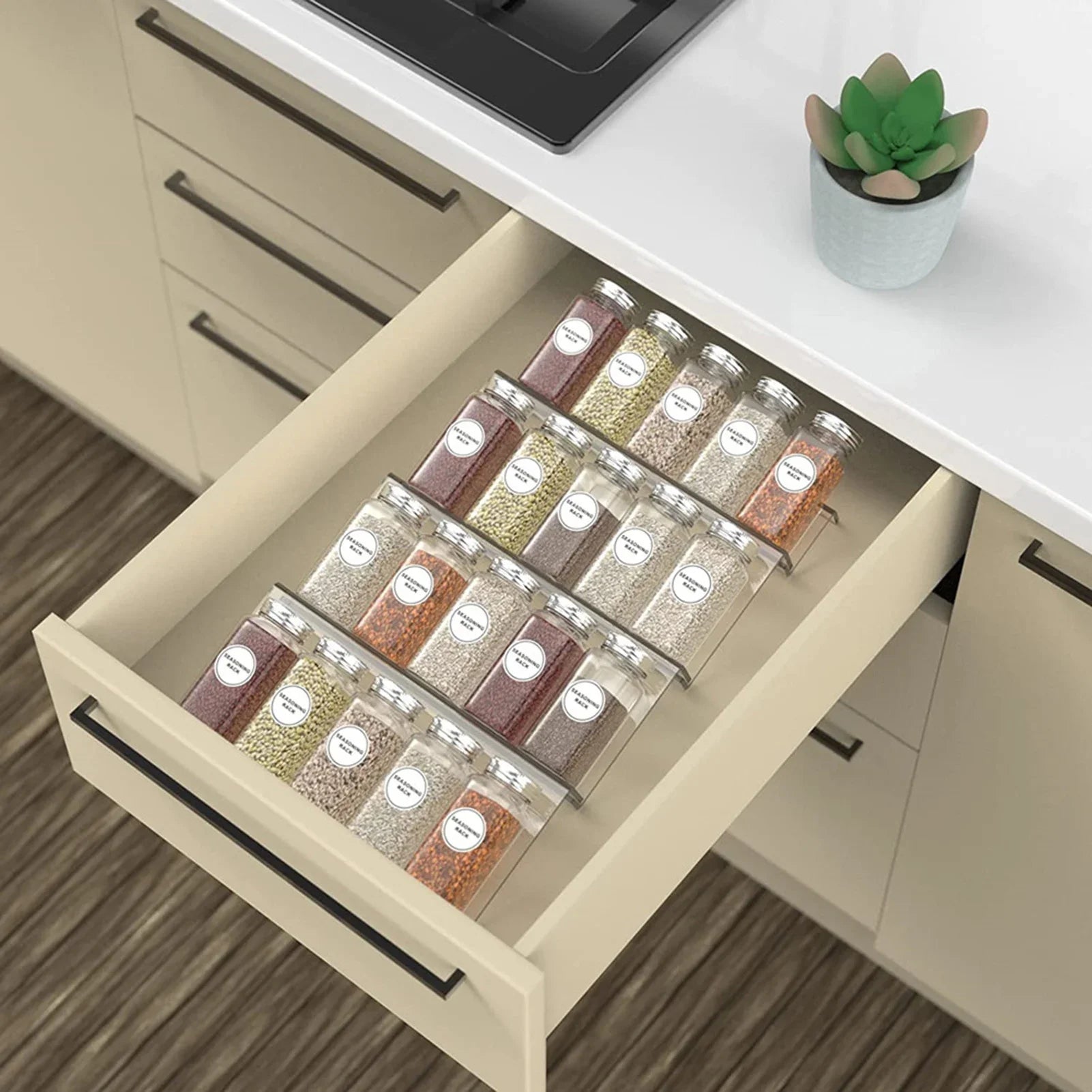 Acrylic Spice Drawer Organizer Tray — Slanted, Expandable, Clear or Black