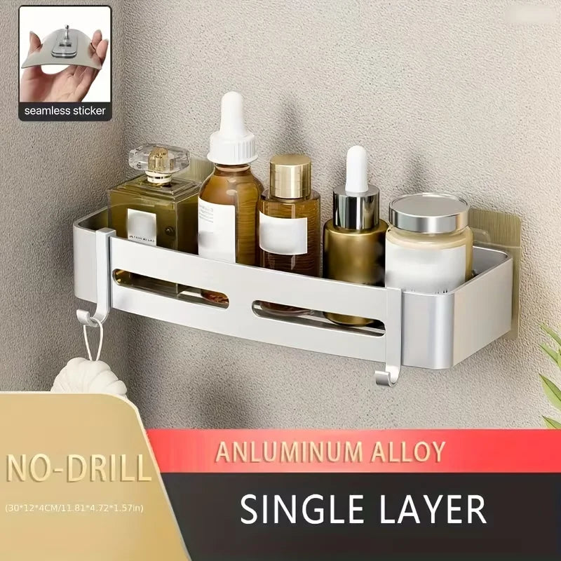 No-Drill Aluminum Corner Shower Shelf — Wall-Mounted Bathroom Organizer