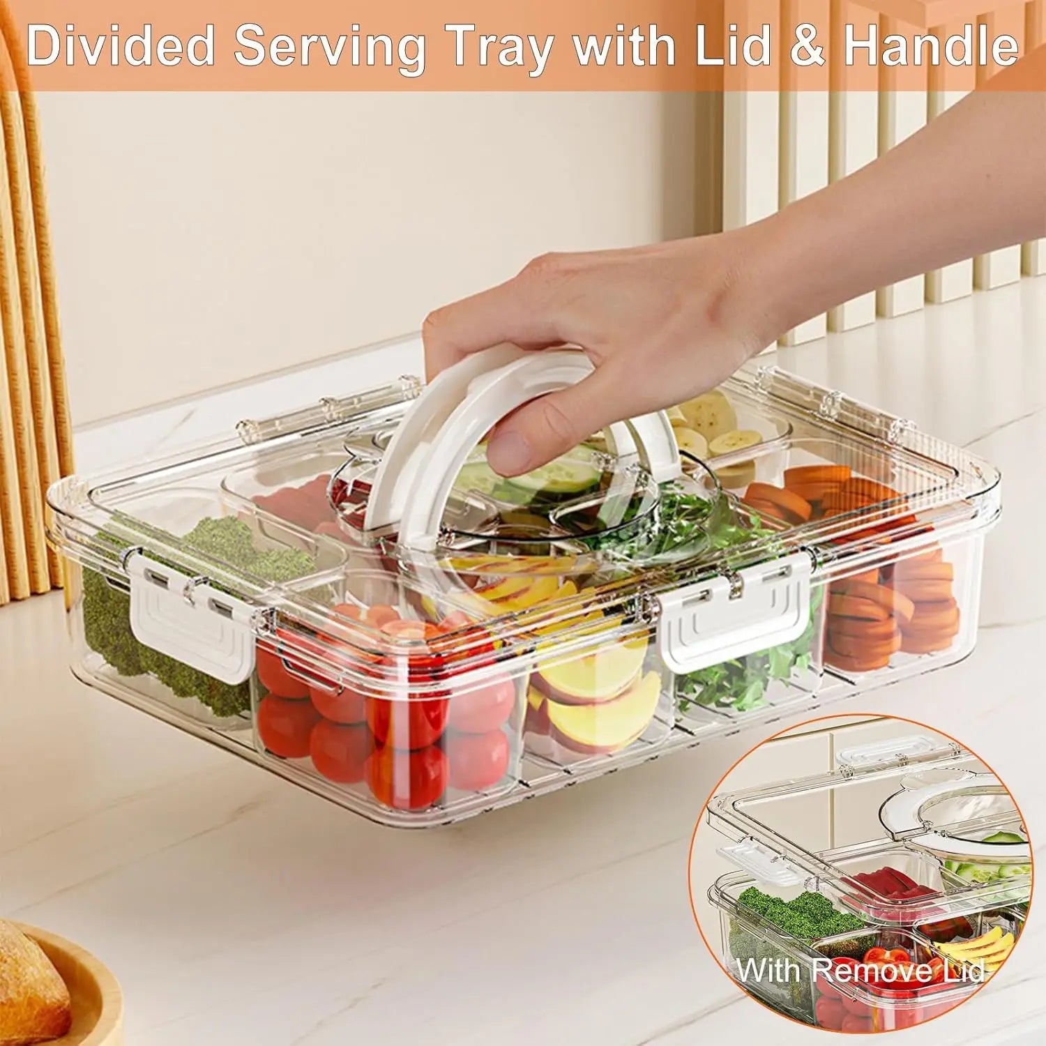 Divided Snack Spinner Tray with Lid & Handle — Fridge, Party & Picnic