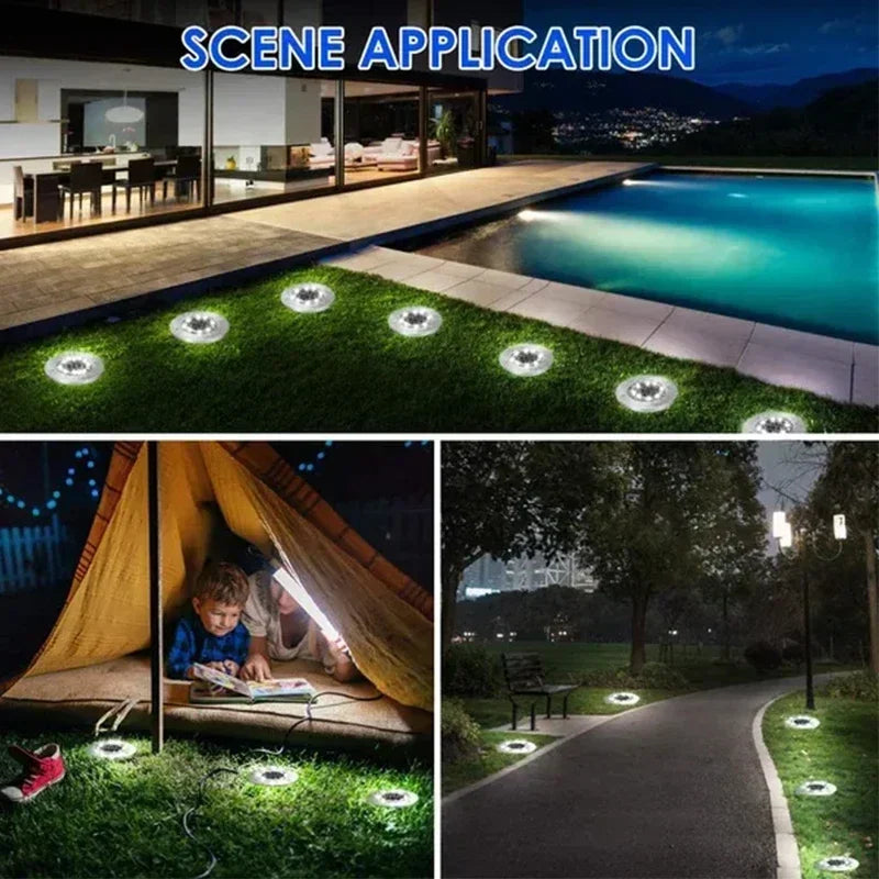 Solar Ground Disk Lights — Waterproof, Auto On/Off, Garden & Lawn
