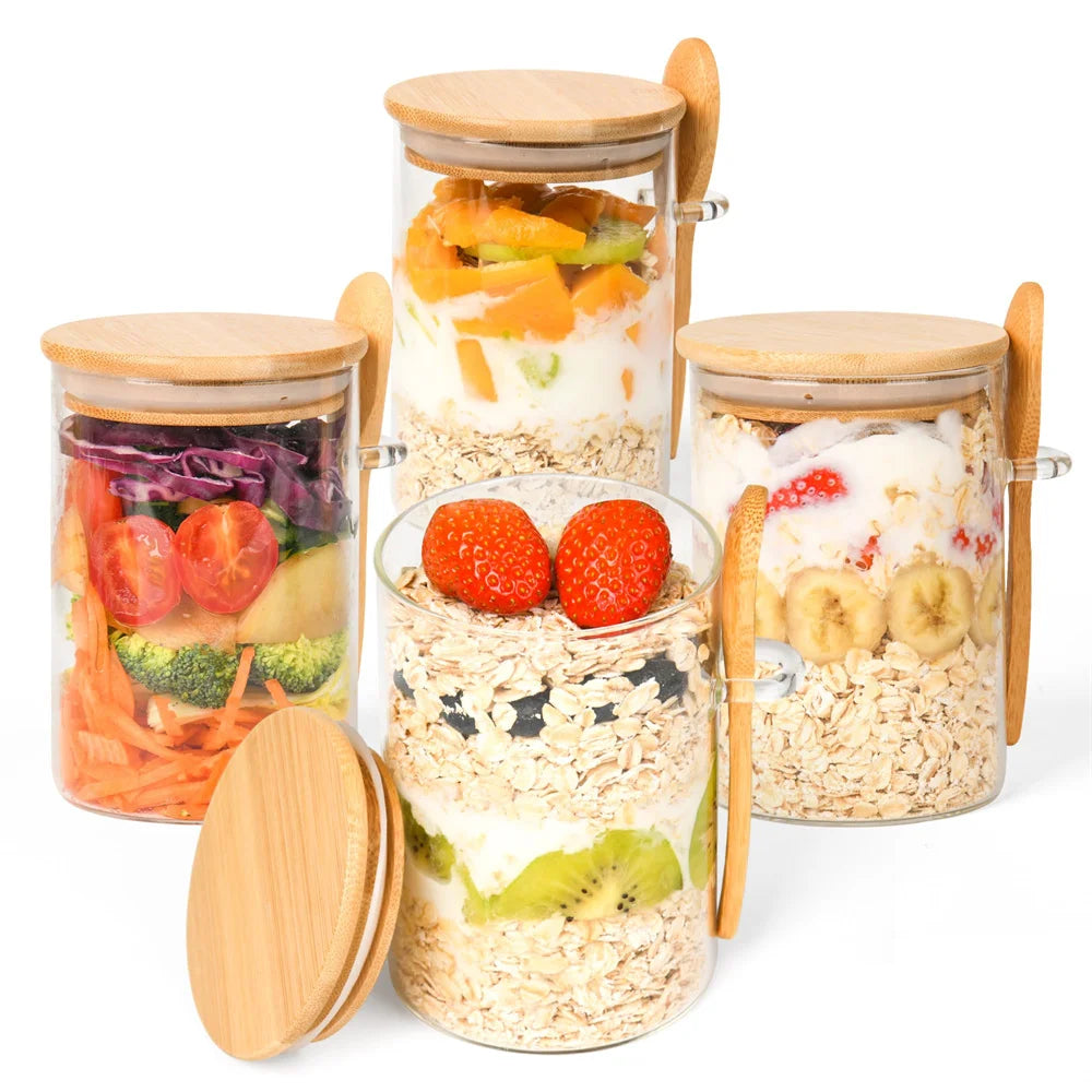 Overnight Oats Glass Jars with Spoon — Airtight, Freezer Safe, Set of 1–4