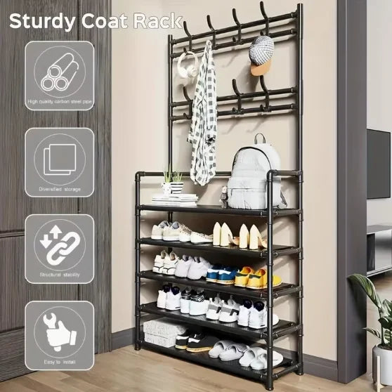 5-Tier Freestanding Coat & Shoe Rack — Double Row