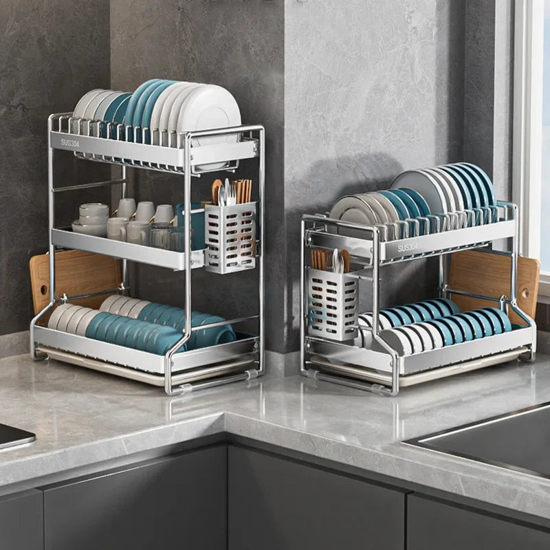 Kitchen Dish Rack & Drainboard Organizer — Countertop, White, Black or Steel