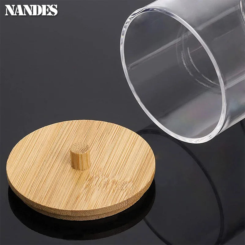 Acrylic Cotton Pad & Swab Dispenser with Bamboo Lid — Stackable Bathroom Jar