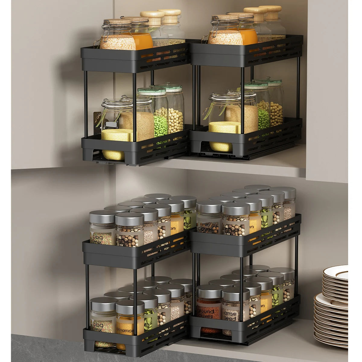 Pull-Out 2-Layer Spice & Seasoning Rack — Large Capacity, Cabinet Shelf