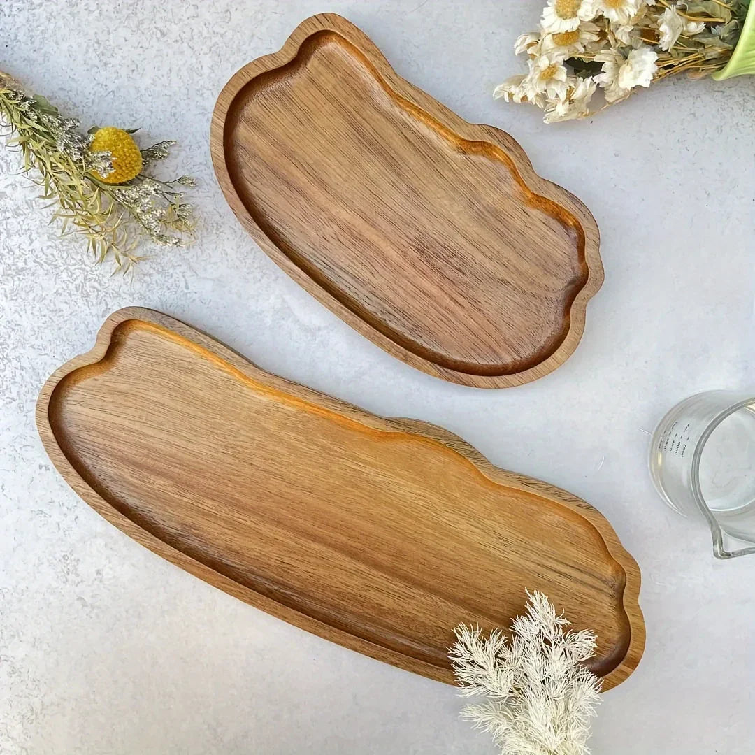 Japanese Solid Wood Tea & Dessert Tray — Heat Resistant, Cloud Shape