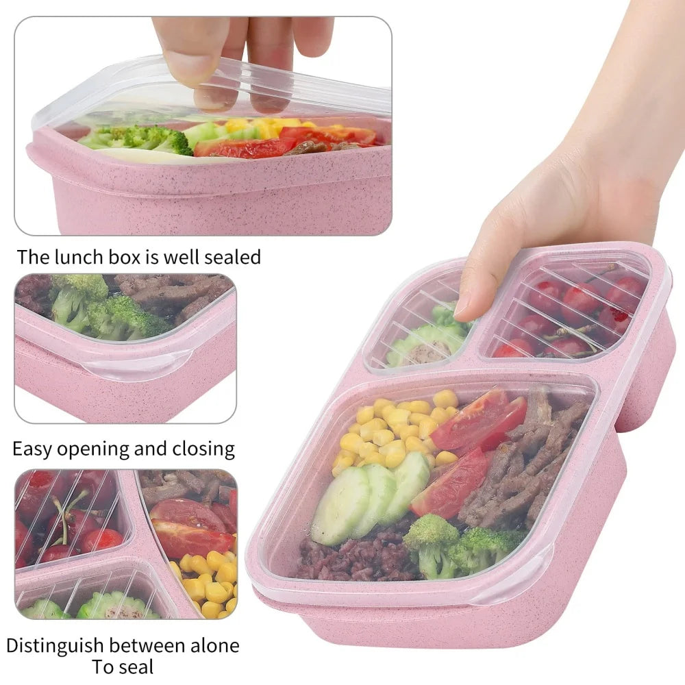 Wheat Straw Bento Lunch Box — 3 Compartments, Leakproof, Microwave Safe