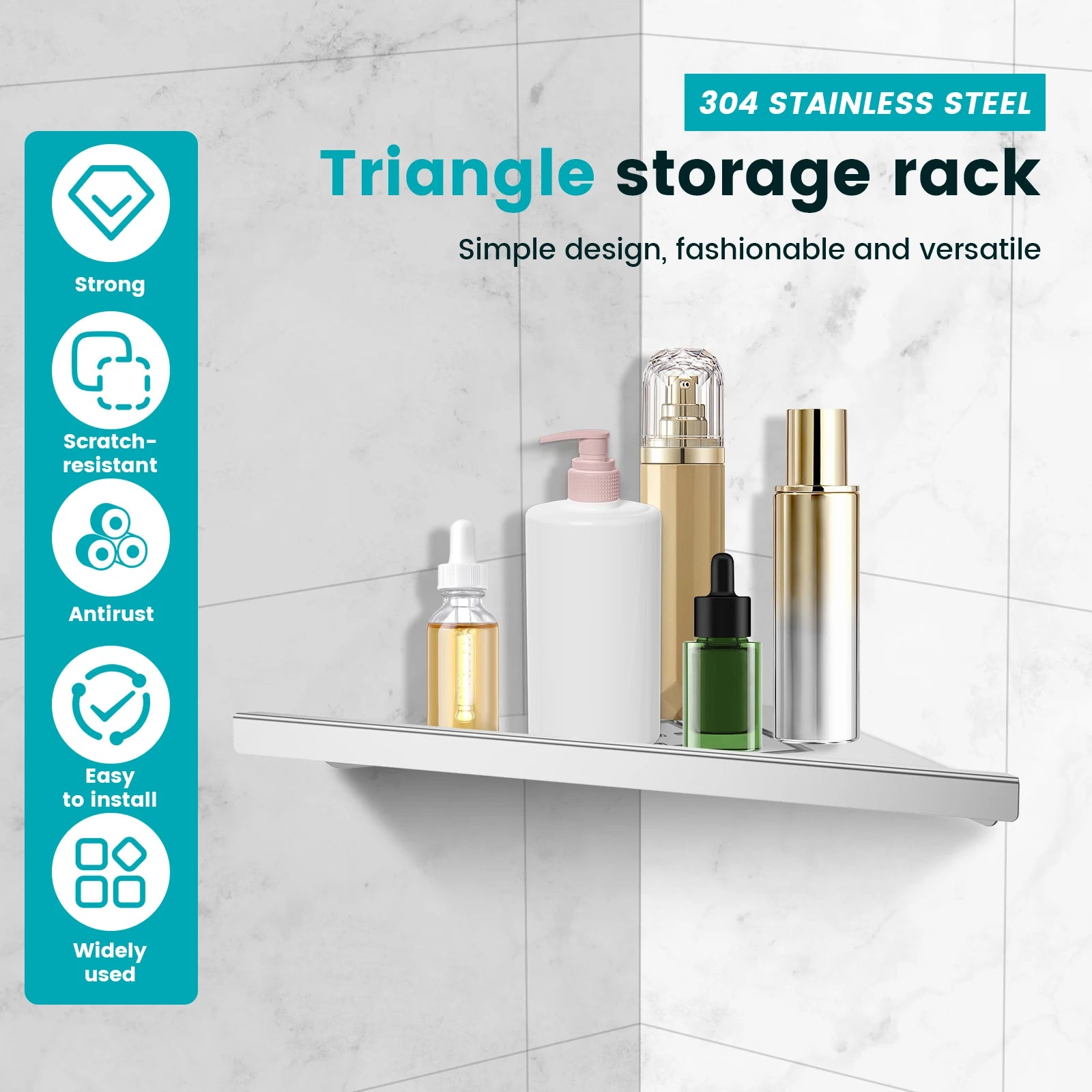 Single-Tier 304 Stainless Steel Corner Shower Shelf — Wall-Mounted, 33.5×21cm