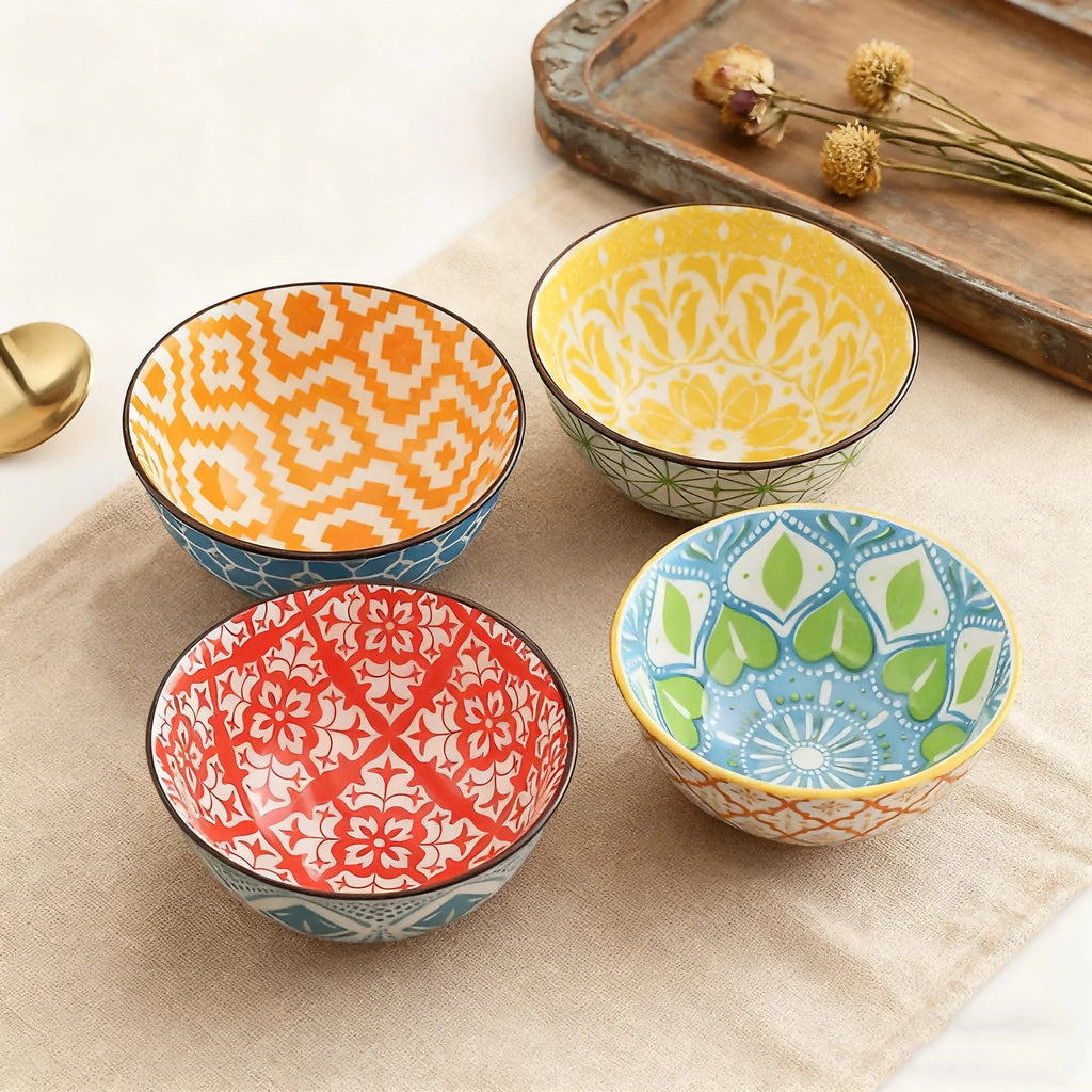 Bohemian Ceramic Bowl Set — 4 Pieces, Microwave & Dishwasher Safe