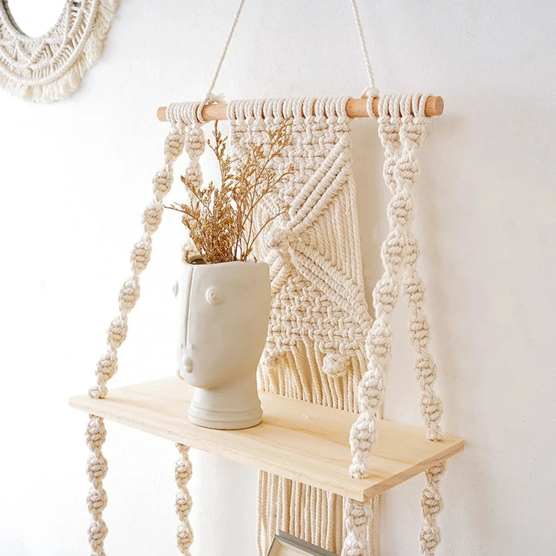 Boho Macrame Wall Hanging Shelf — Wood & Polyester Floating Shelf