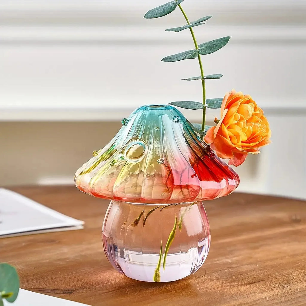 Boho Handcrafted Glass Mushroom Vase — Hydroponic Cylinder Planter