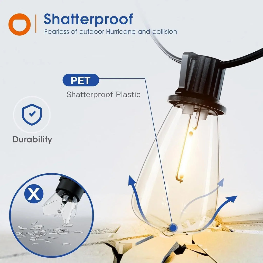 ST38 Outdoor LED String Lights — Dimmable, Shatterproof, Waterproof