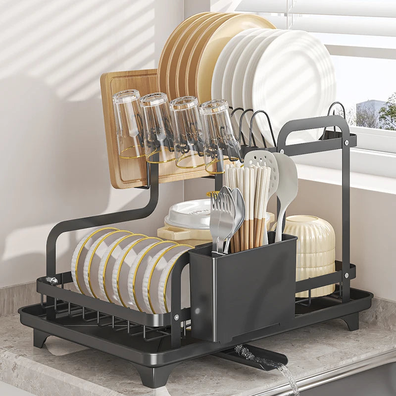 2-Tier Over-Sink Dish Drying Rack — Auto-Draining, No-Drill Install