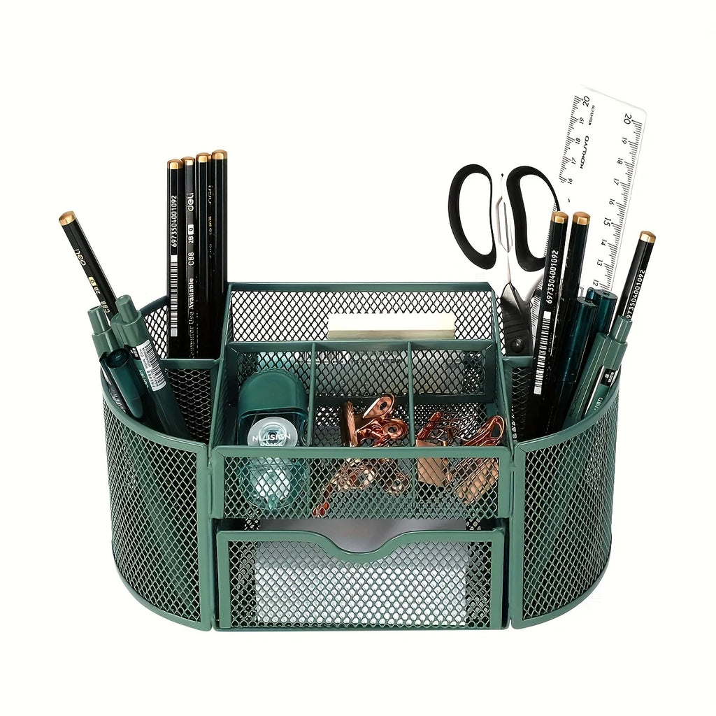 Mesh Metal Pen Stand — Round Desktop Stationery Organizer