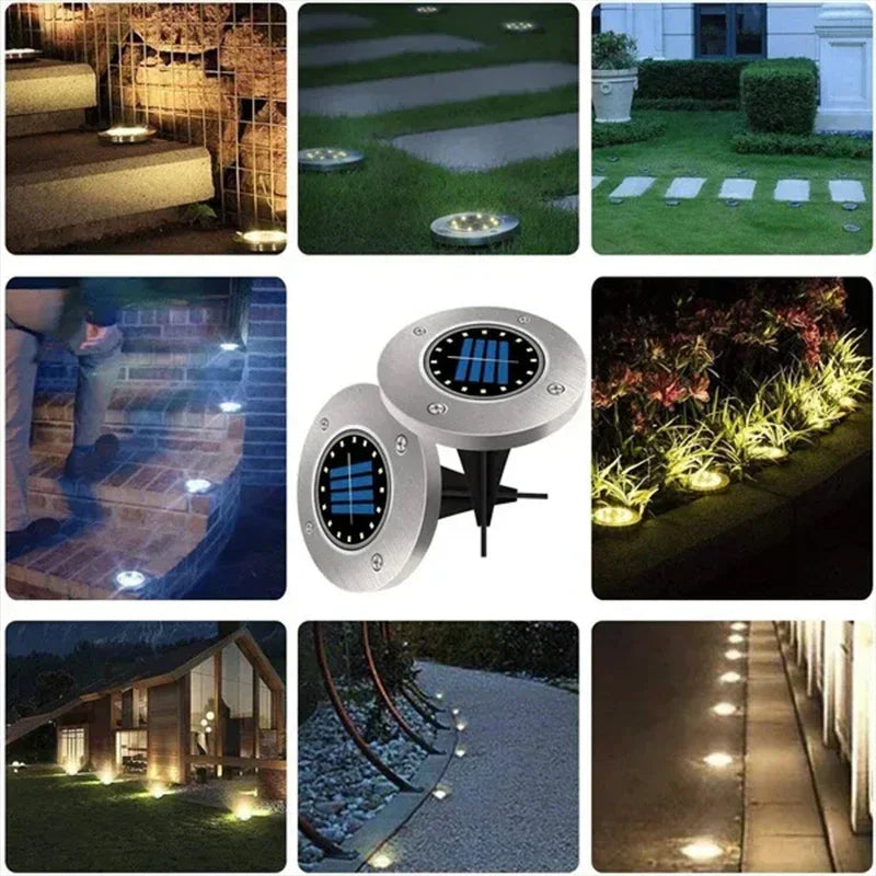 Solar Ground Disk Lights — Waterproof, Auto On/Off, Garden & Lawn