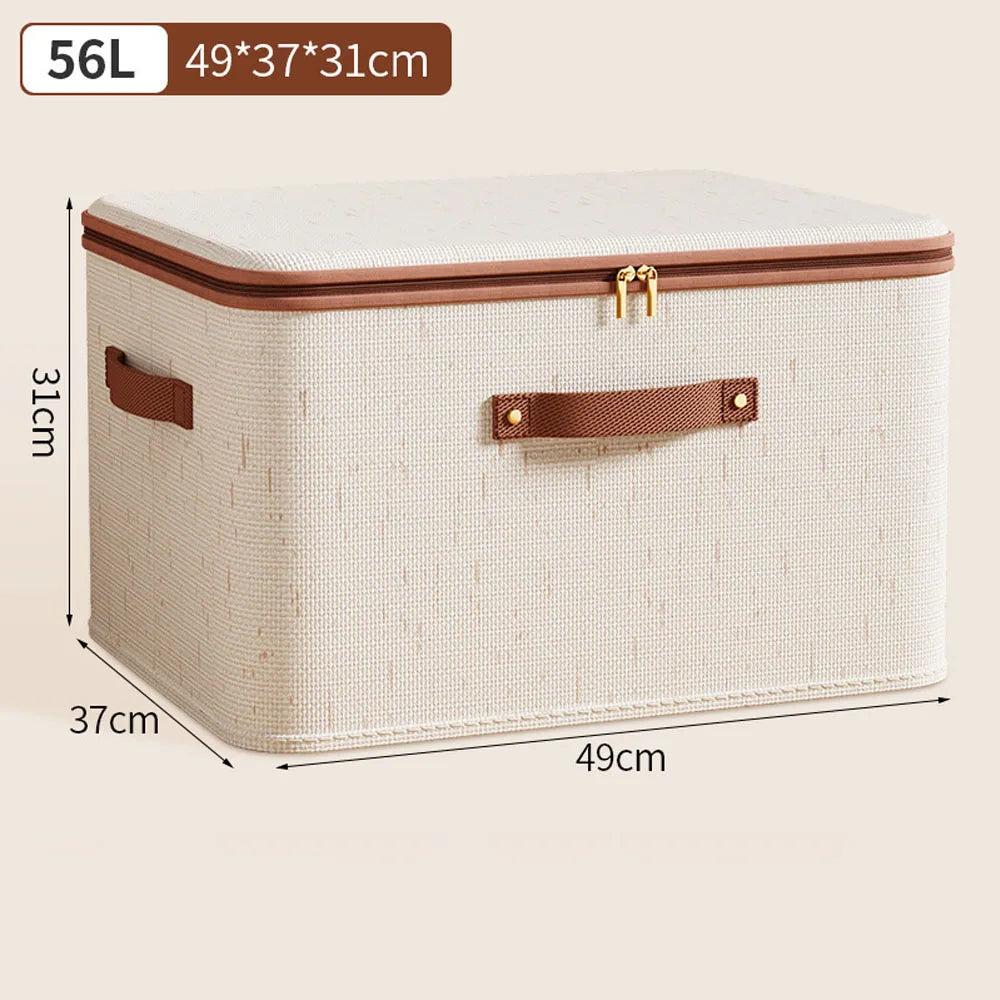 Zipped Cotton Linen Storage Box with Leather Handle