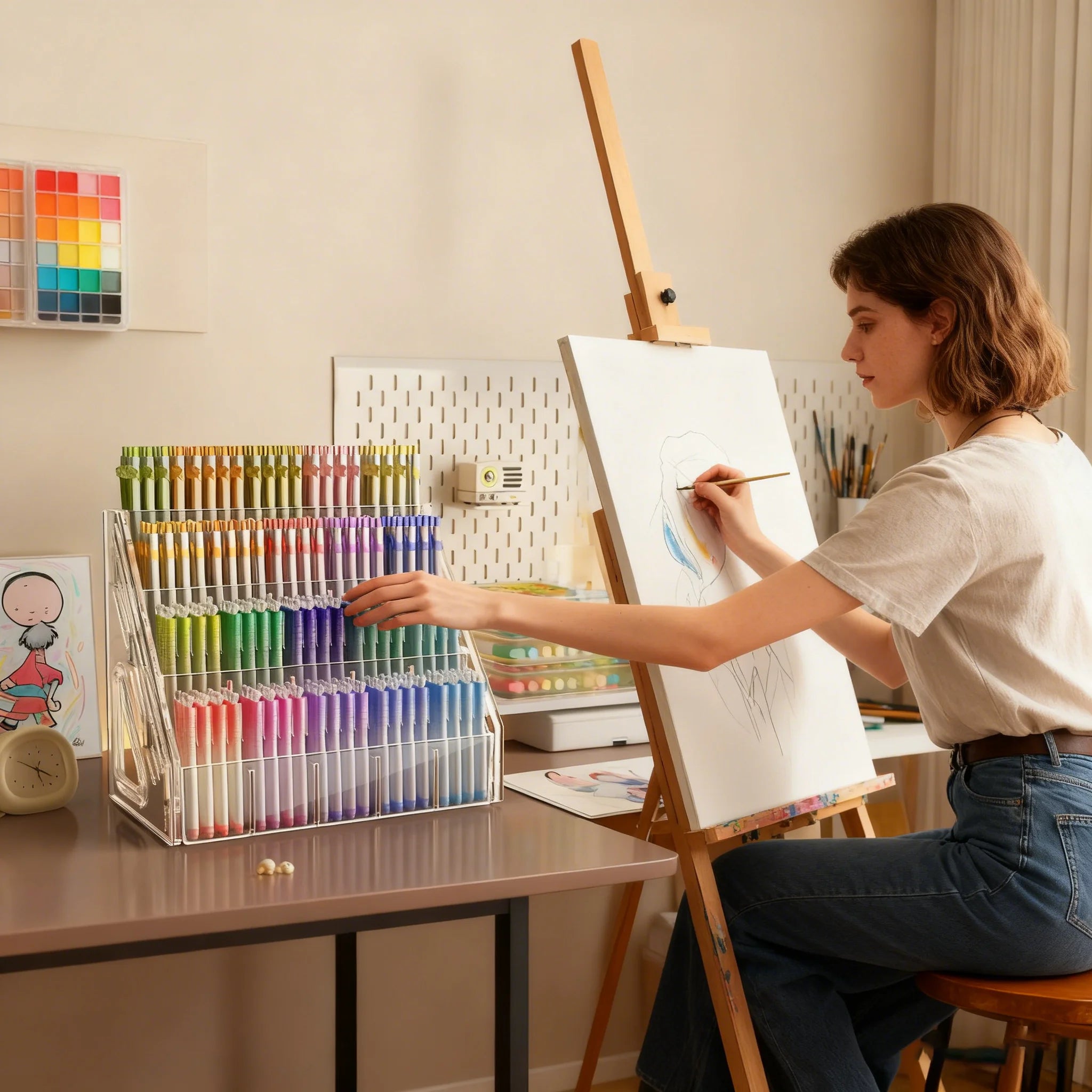 Acrylic Pen & Paintbrush Holder — Multi-Compartment Desk Organizer