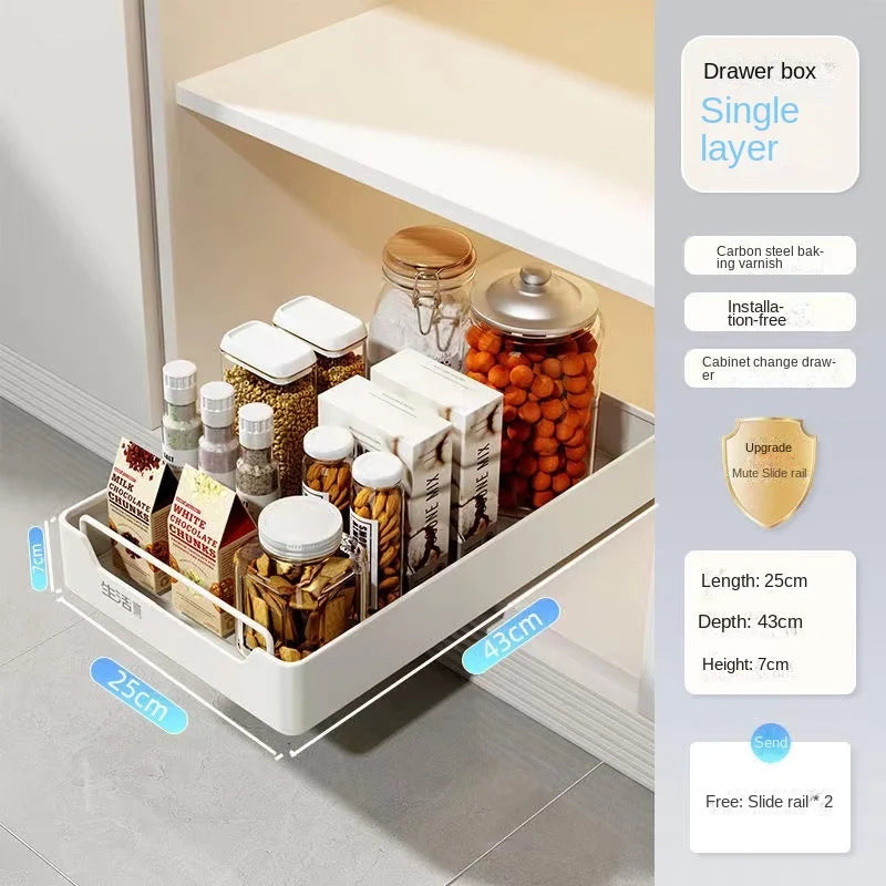 Pull-Out Cabinet Storage Rack with Slide Rails — No-Drill, Smooth & Quiet