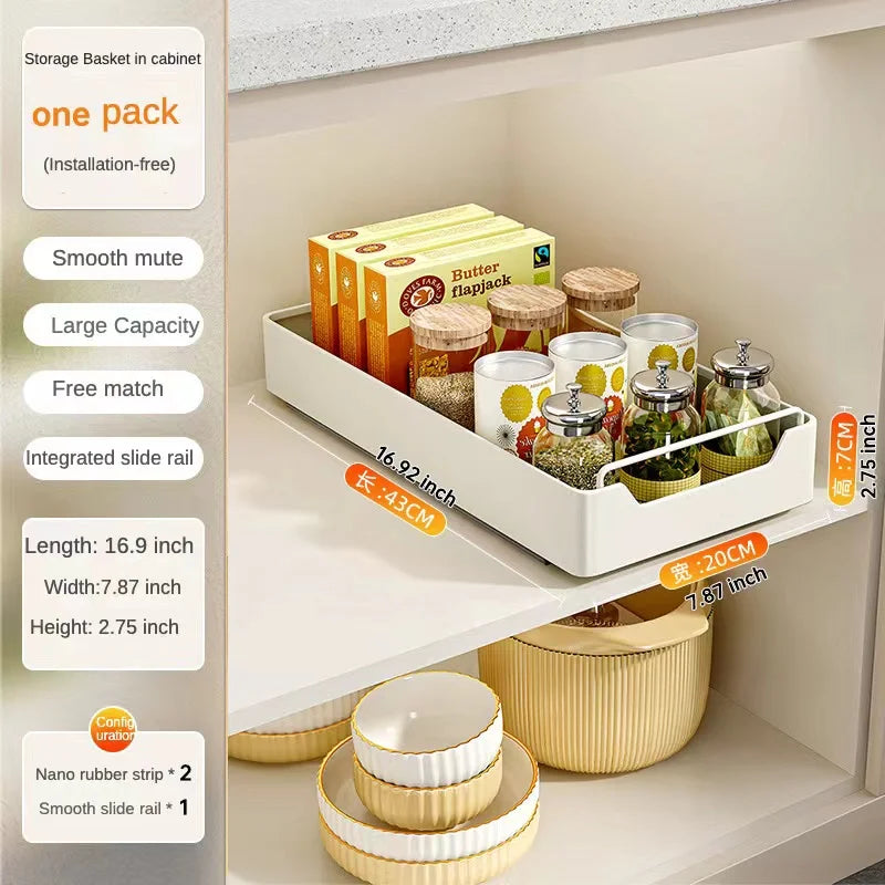 Pull-Out Cabinet Storage Rack with Slide Rails — No-Drill, Smooth & Quiet