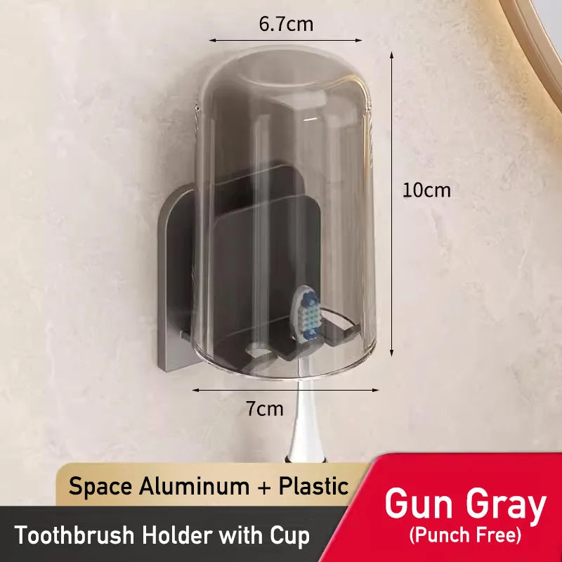 Space Aluminum Toothbrush & Cup Holder — No-Drill Wall Mount, Dual Slot