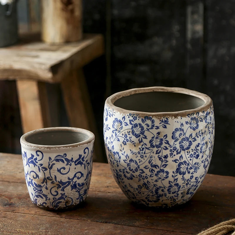 Blue & White Porcelain Ceramic Flower Pot – Orchid Butterfly Hydroculture Planter
