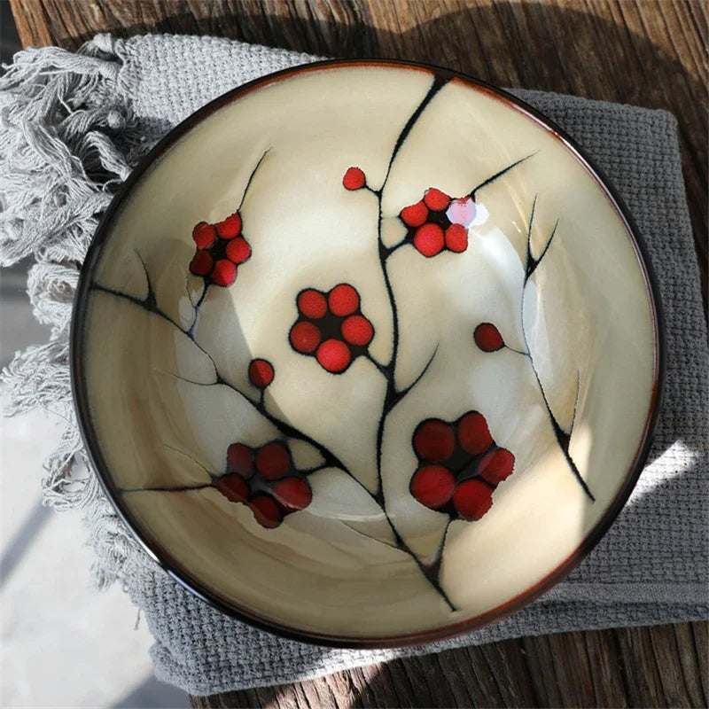 Japanese Plum Blossom Ceramic Ramen Bowl — Hand-Painted, Large