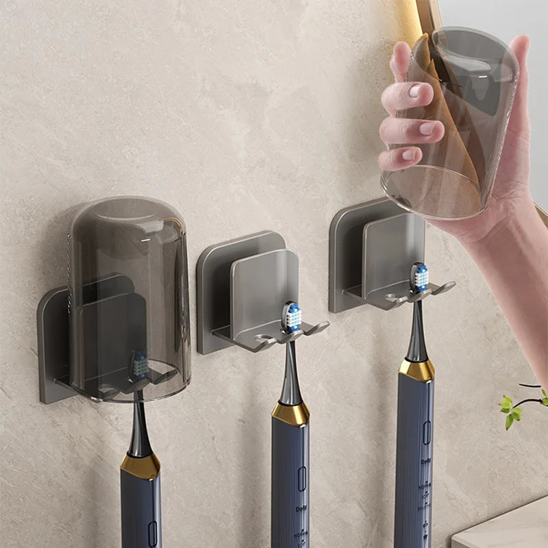 Space Aluminum Toothbrush & Cup Holder — No-Drill Wall Mount, Dual Slot