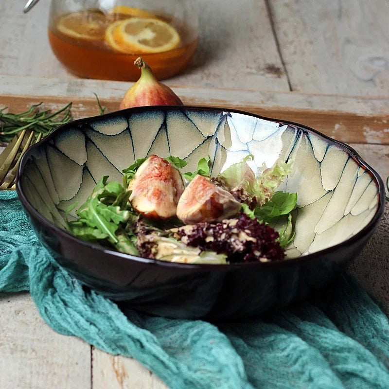 Large Underglaze Ceramic Noodle Bowl — Japanese Style, Floral Pattern