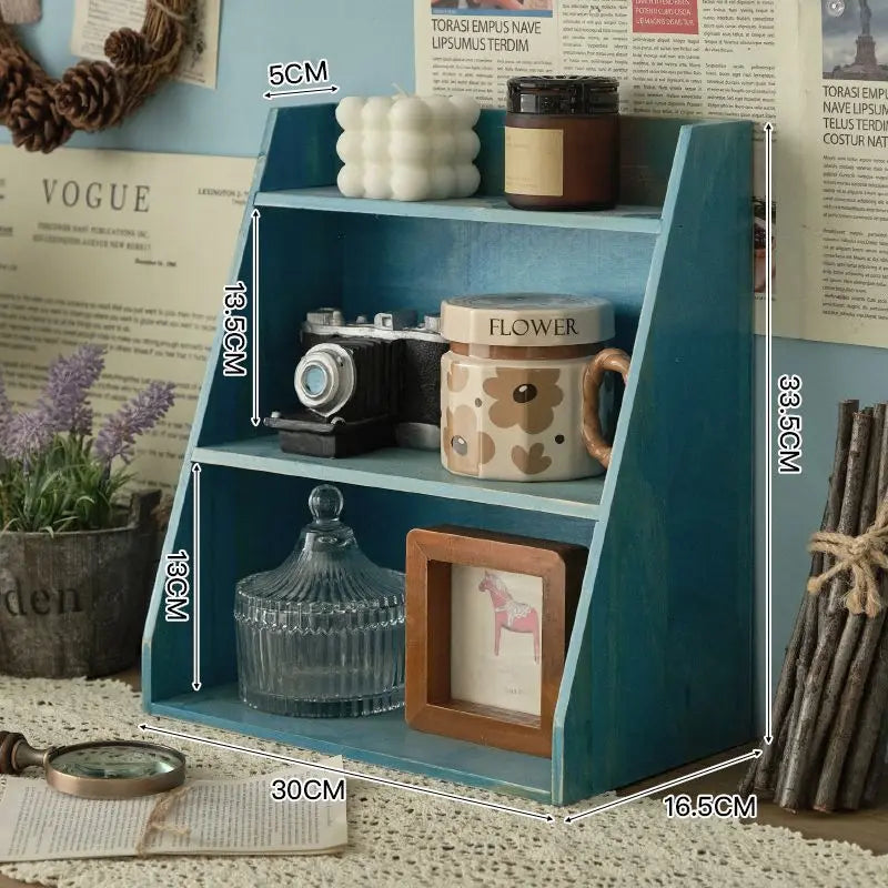 Solid Wood Retro Desktop Organizer — Multi-Layer Storage Rack