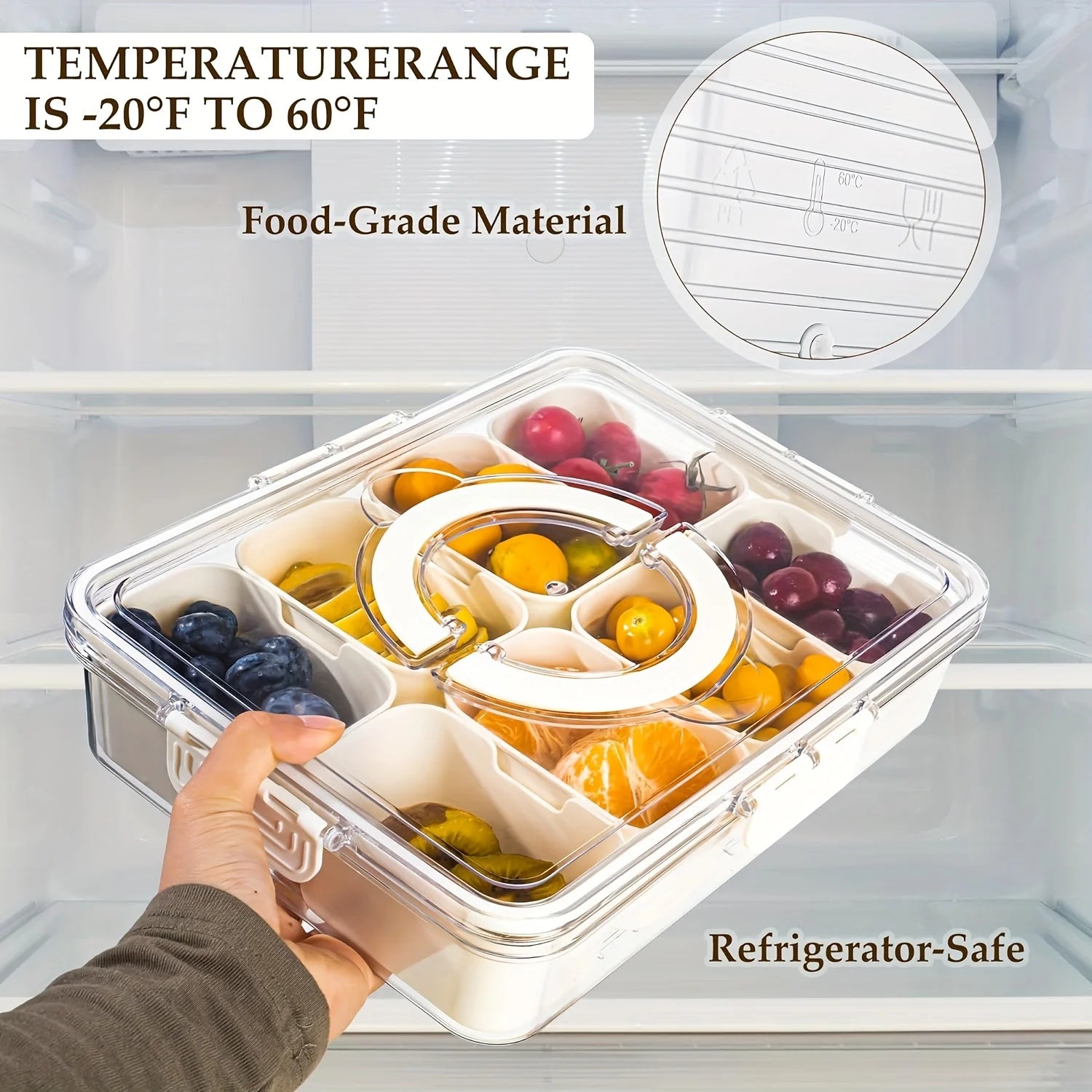8-Grid Divided Serving Tray with Lid — for Snacks, Fruit & Fridge Storage