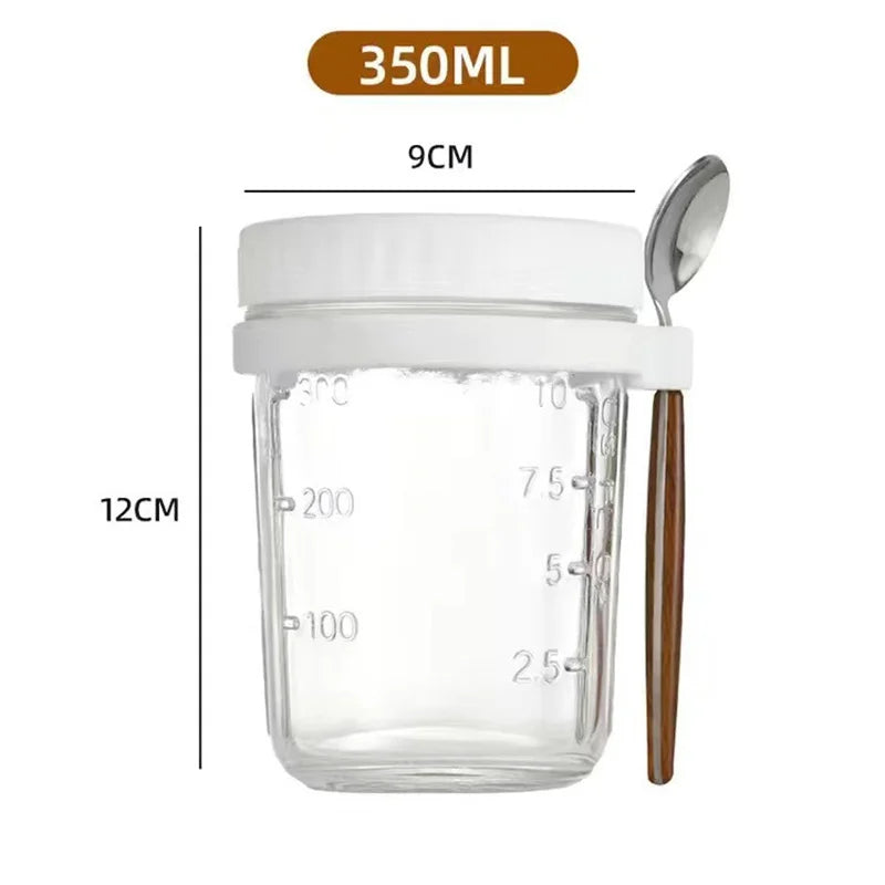 Overnight Oats Glass Jar with Lid & Spoon — Airtight, Portable
