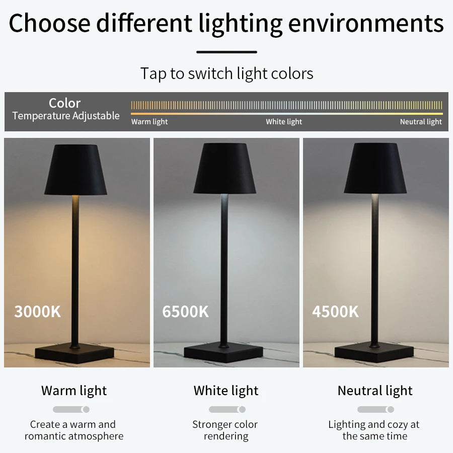 Rechargeable LED Desk Lamp — Touch Dimming, 3 Colour Temperatures