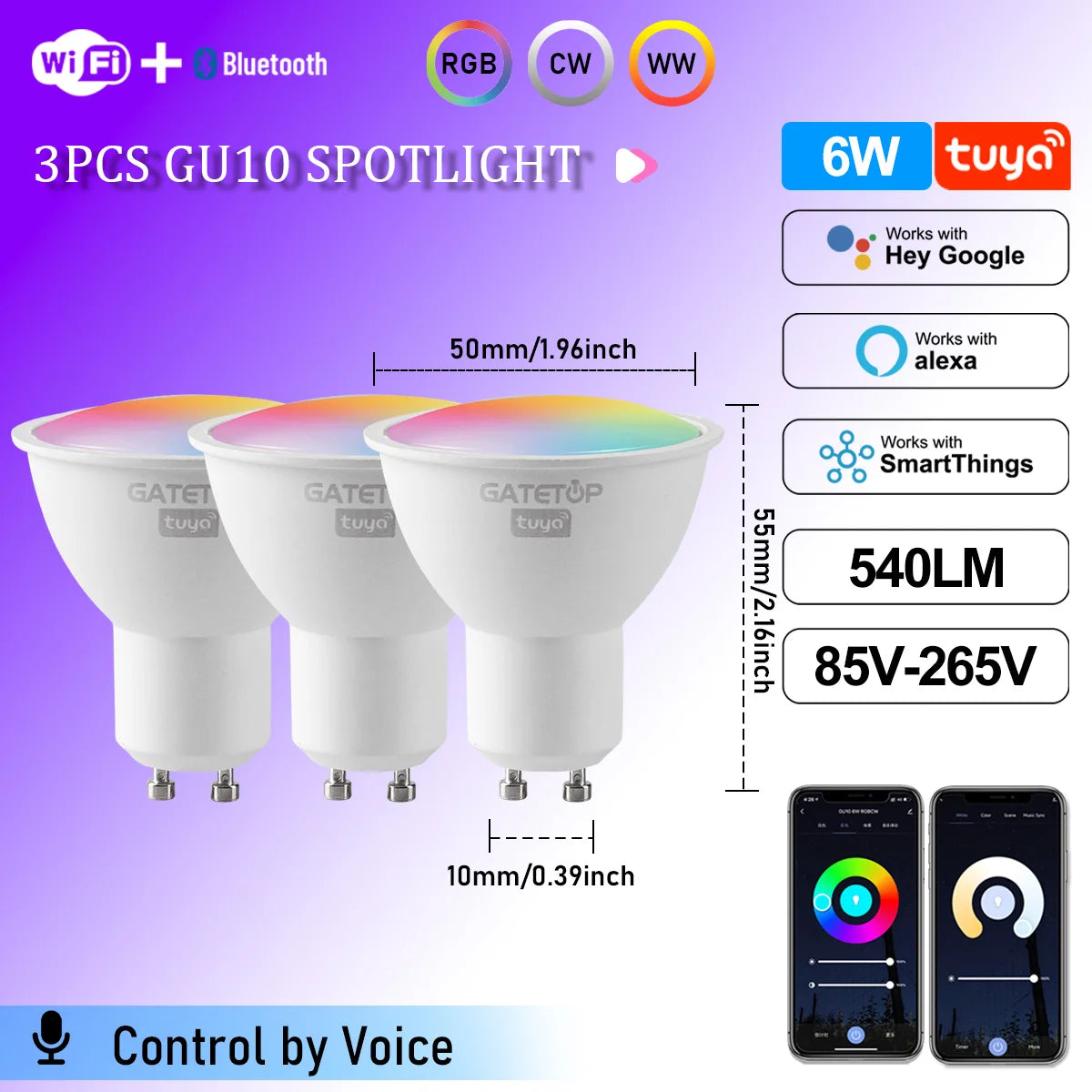 Tuya WiFi GU10 Smart Spotlight — Dimmable, Alexa & Google Compatible