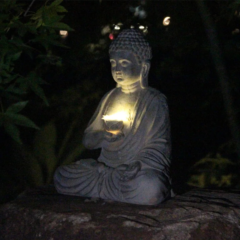 Solar Meditating Buddha Resin Statue — Zen Garden & Indoor Decor
