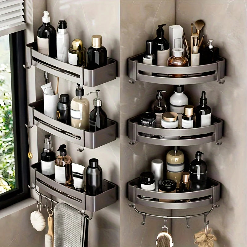 No-Drill Aluminum Corner Shower Shelf — Wall-Mounted Bathroom Organizer