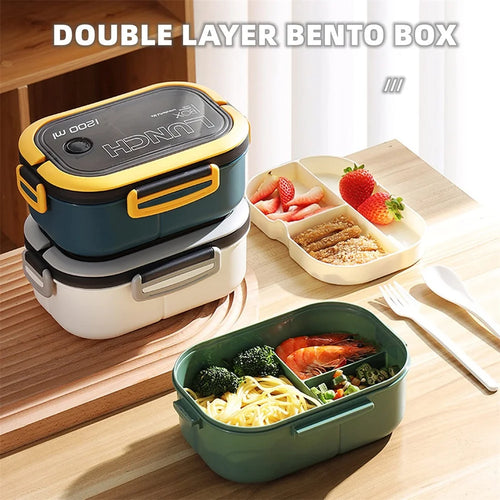 2-Layer Bento Lunch Box with Spoon & Fork — Leakproof, Portable