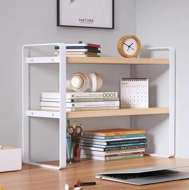 Steel & Wood Tiered Desktop Bookshelf — Desk Organizer Shelf