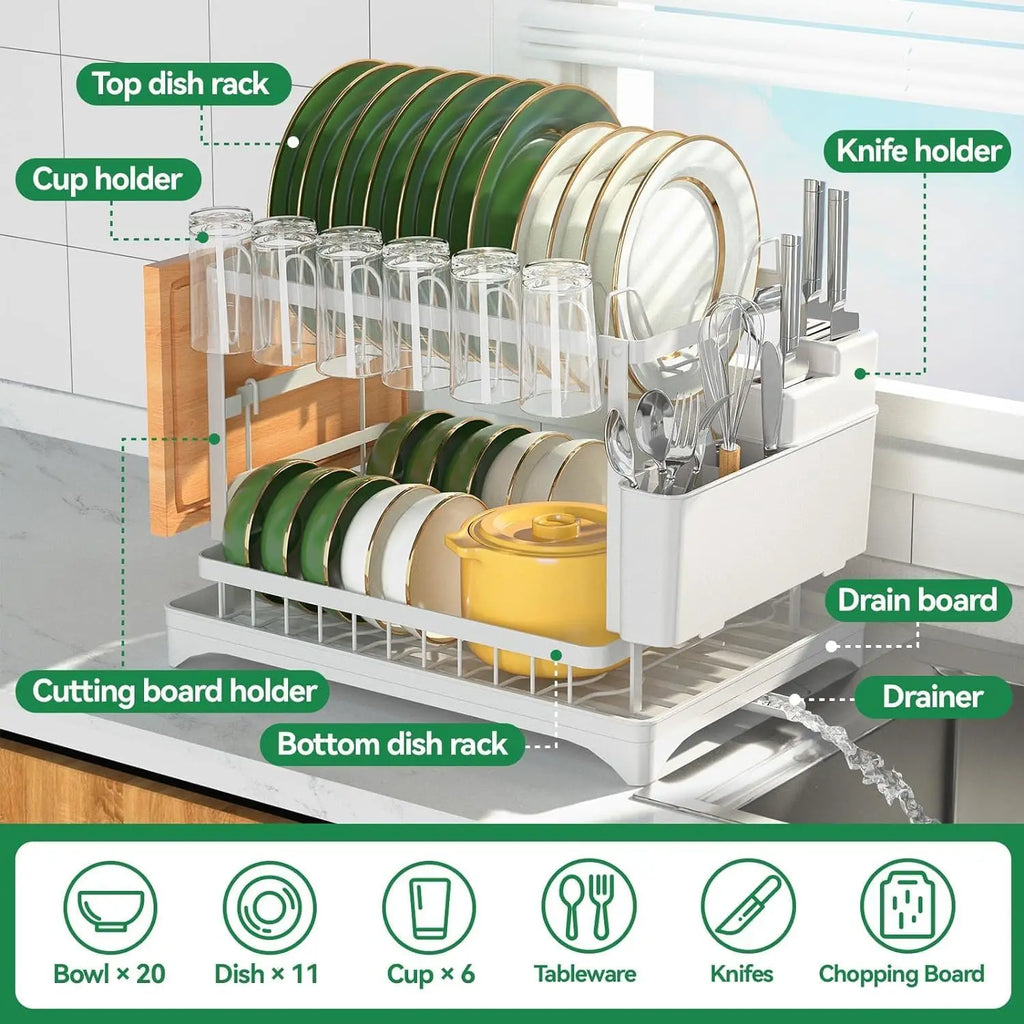 2-Tier Dish Drying Rack with Drainboard — Self-Draining, Rustproof