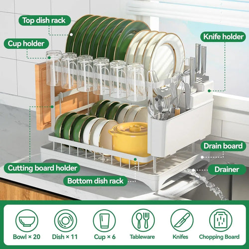2-Tier Dish Drying Rack with Drainboard — Self-Draining, Rustproof