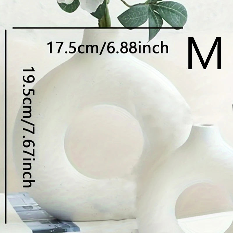 White & Beige Ceramic Donut Vase — Modern Boho Home Decor