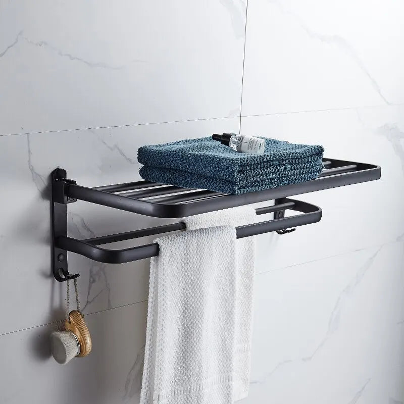 Matte Black Folding Towel Rack with Hook — Double Bar, Space Aluminum, 49×21cm